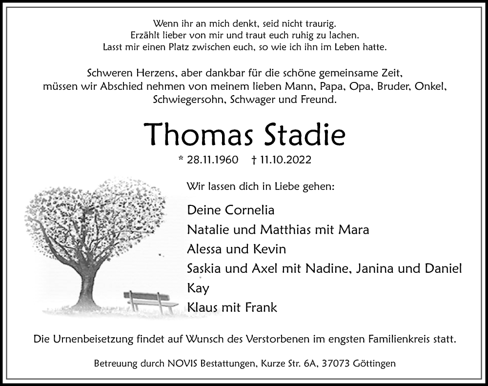  Traueranzeige für Thomas Stadie vom 29.10.2022 aus Göttinger Tageblatt