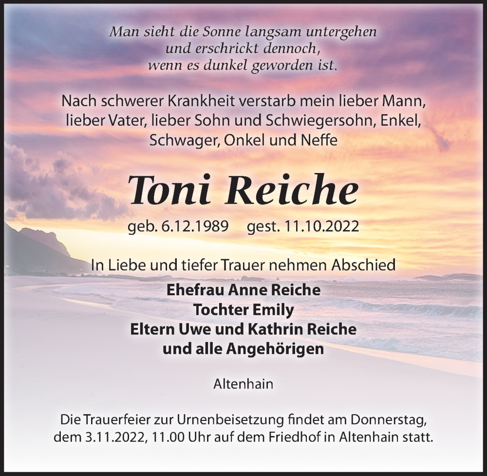  Traueranzeige für Toni Reiche vom 15.10.2022 aus Leipziger Volkszeitung