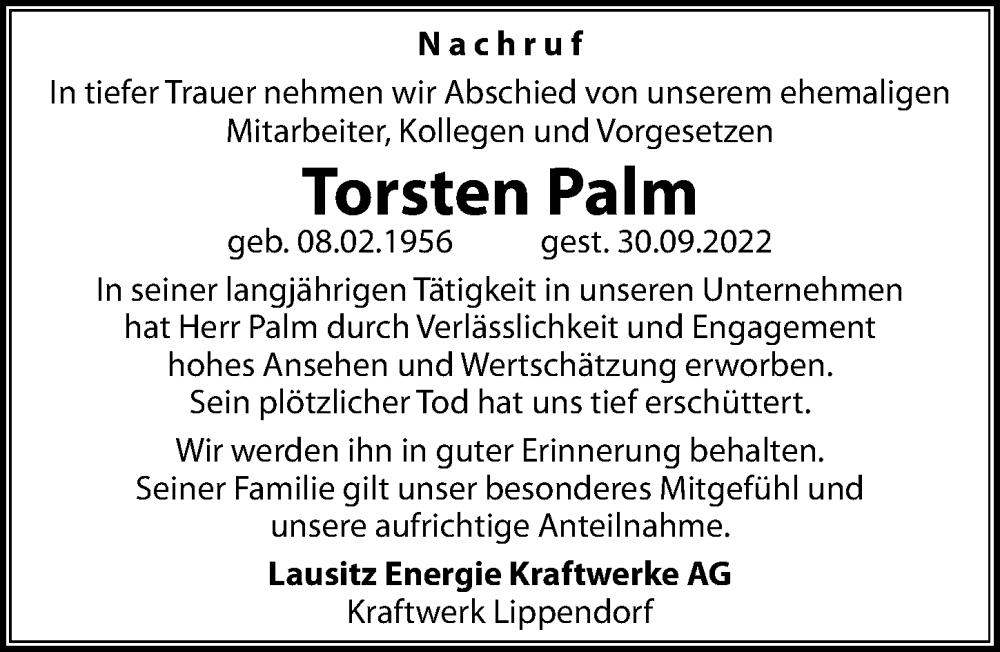  Traueranzeige für Torsten Palm vom 29.10.2022 aus Leipziger Volkszeitung