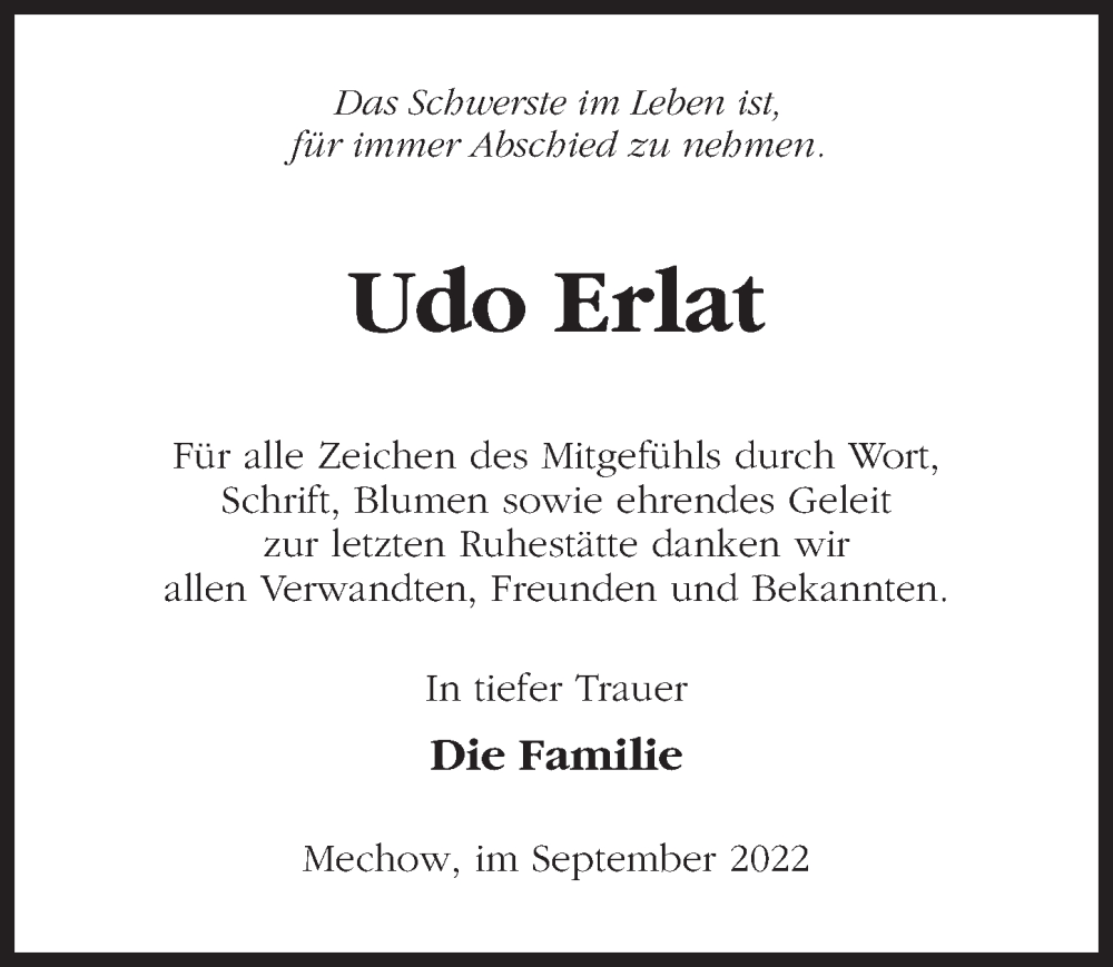  Traueranzeige für Udo Erlat vom 01.10.2022 aus Märkischen Allgemeine Zeitung