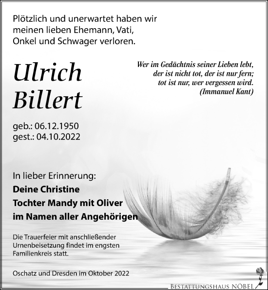 Traueranzeige von Ulrich Billert von Leipziger Volkszeitung