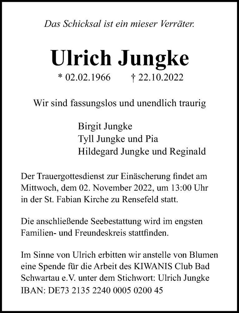  Traueranzeige für Ulrich Jungke vom 30.10.2022 aus Lübecker Nachrichten