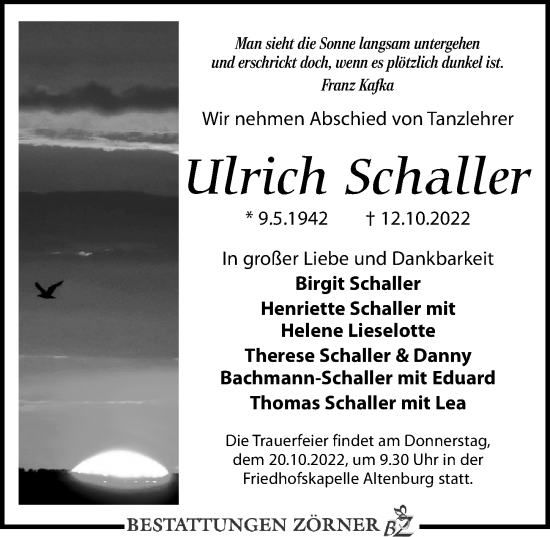 Traueranzeige von Ulrich Schaller von Leipziger Volkszeitung