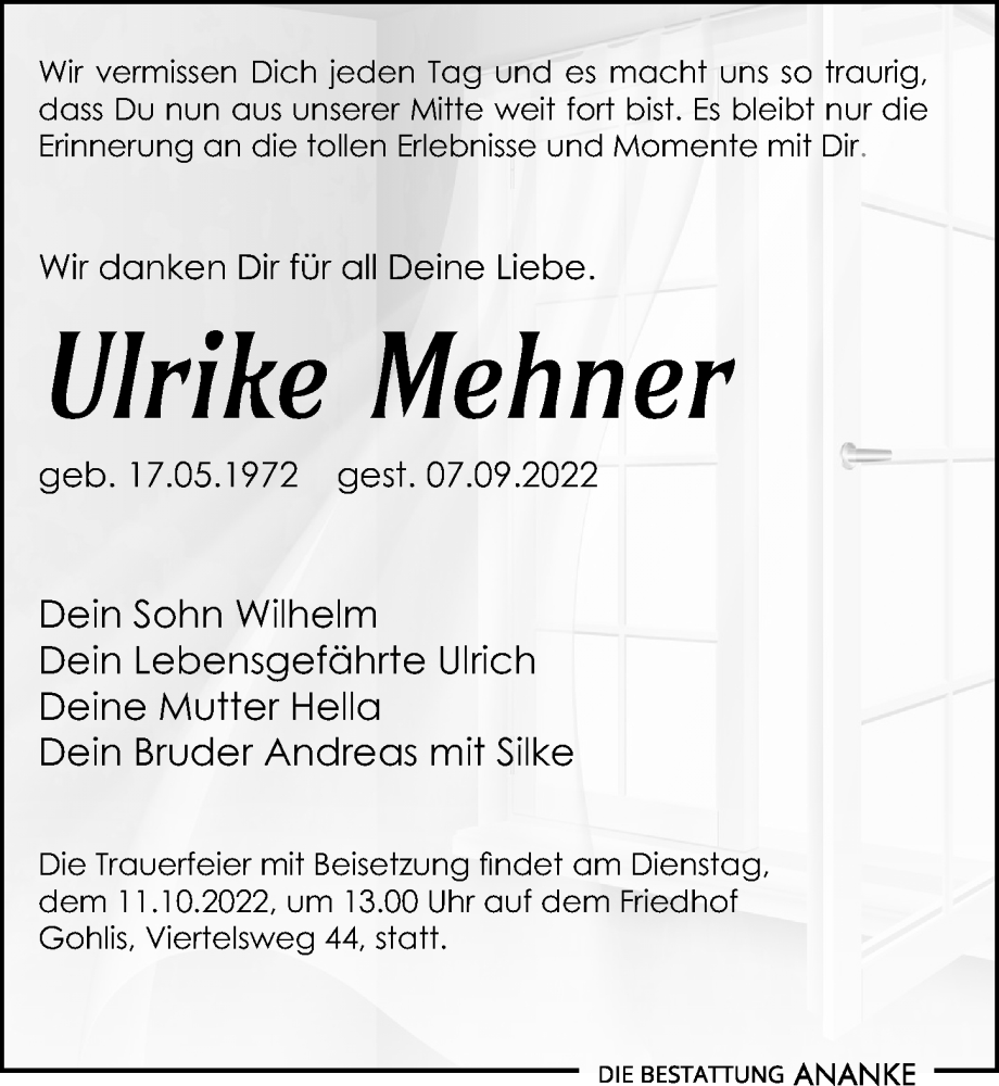  Traueranzeige für Ulrike Mehner vom 01.10.2022 aus Leipziger Volkszeitung