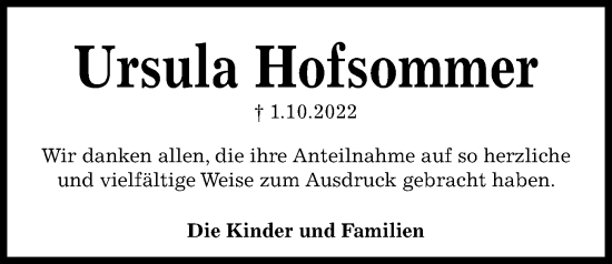 Traueranzeige von Ursula Hofsommer von Kieler Nachrichten