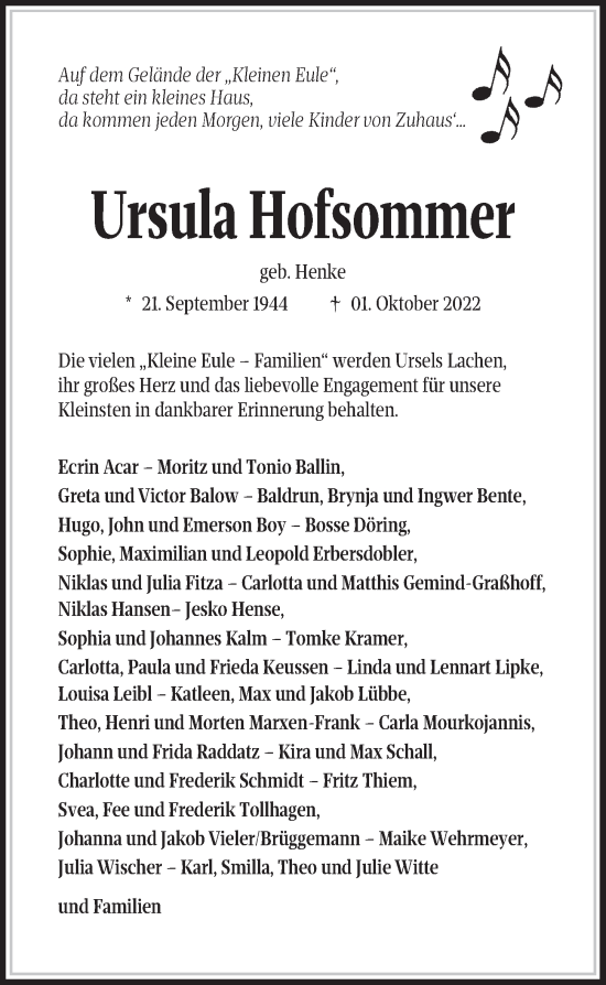 Traueranzeige von Ursula Hofsommer von Kieler Nachrichten