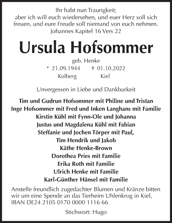 Traueranzeige von Ursula Hofsommer von Kieler Nachrichten