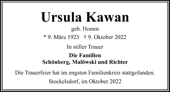 Traueranzeige von Ursula Kawan von Lübecker Nachrichten