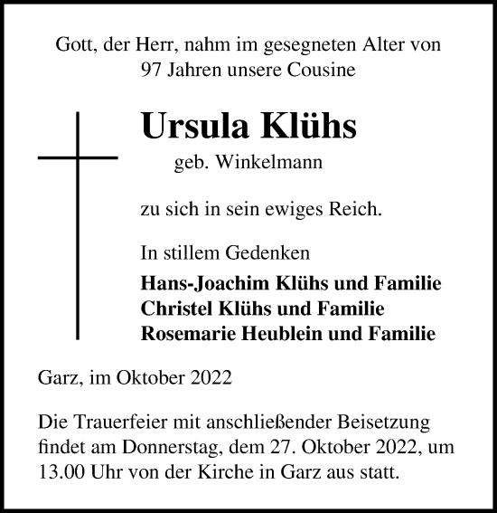 Traueranzeige von Ursula Klühs von Ostsee-Zeitung GmbH