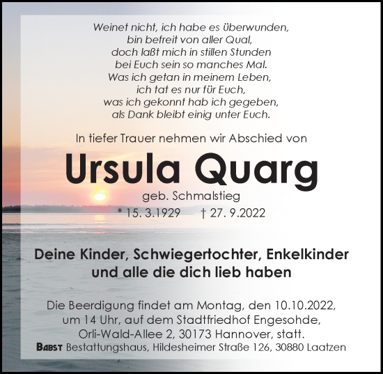 Traueranzeige von Ursula Quarg von Hannoversche Allgemeine Zeitung/Neue Presse