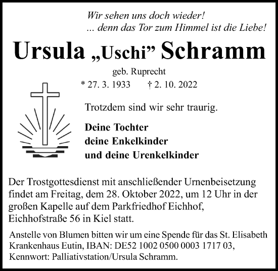 Traueranzeige von Ursula Schramm von Kieler Nachrichten