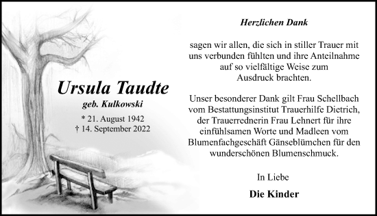 Traueranzeige von Ursula Taudte von Ostsee-Zeitung GmbH