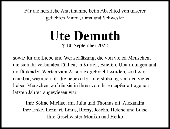 Traueranzeige von Ute Demuth von Lübecker Nachrichten