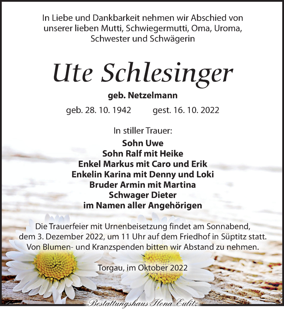  Traueranzeige für Ute Schlesinger vom 29.10.2022 aus Torgauer Zeitung