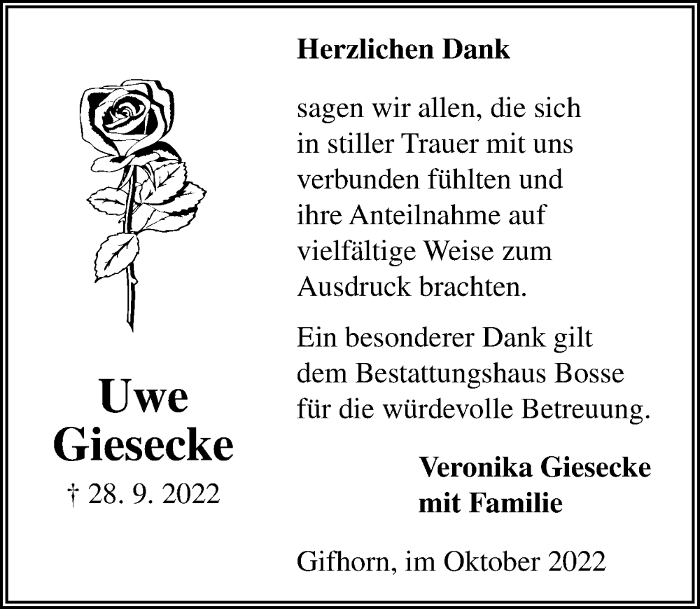  Traueranzeige für Uwe Giesecke vom 15.10.2022 aus Aller Zeitung