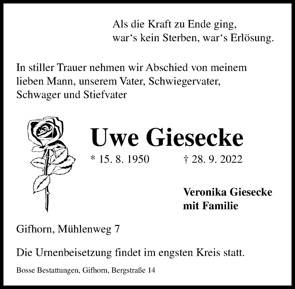  Traueranzeige für Uwe Giesecke vom 01.10.2022 aus Aller Zeitung