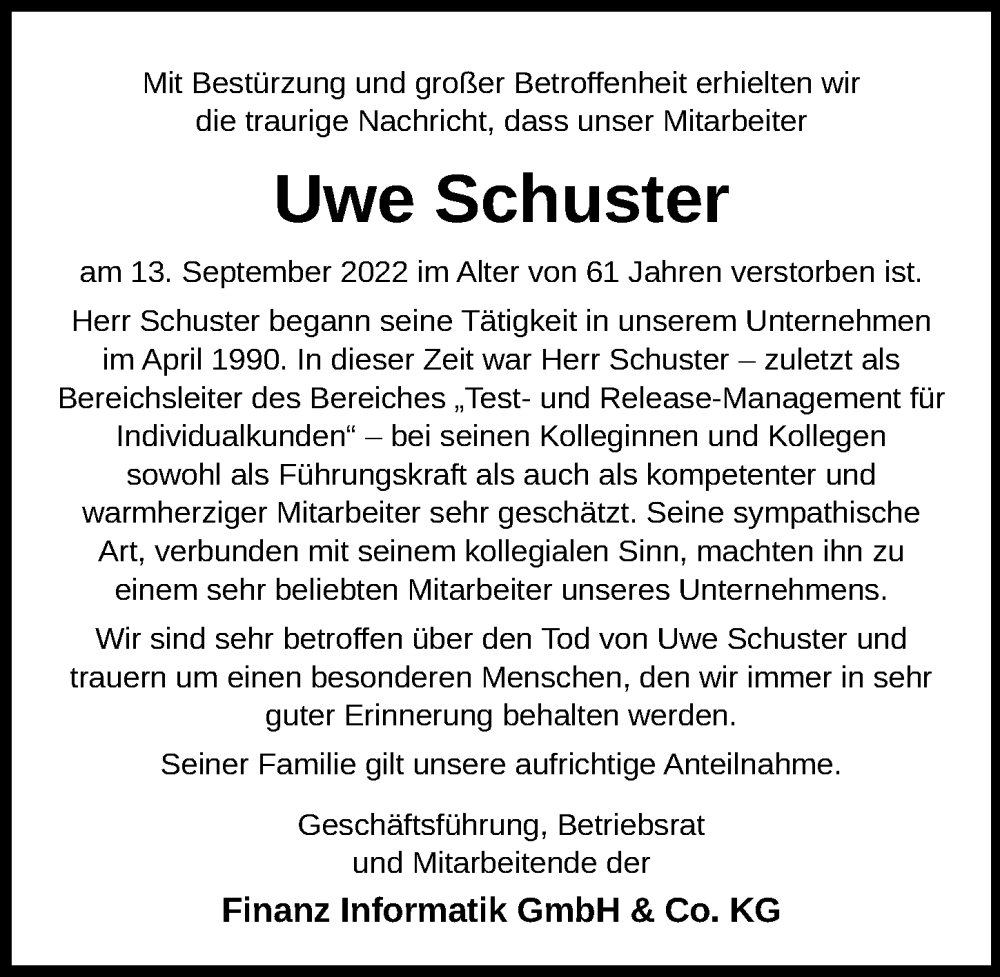  Traueranzeige für Uwe Schuster vom 01.10.2022 aus Hannoversche Allgemeine Zeitung/Neue Presse