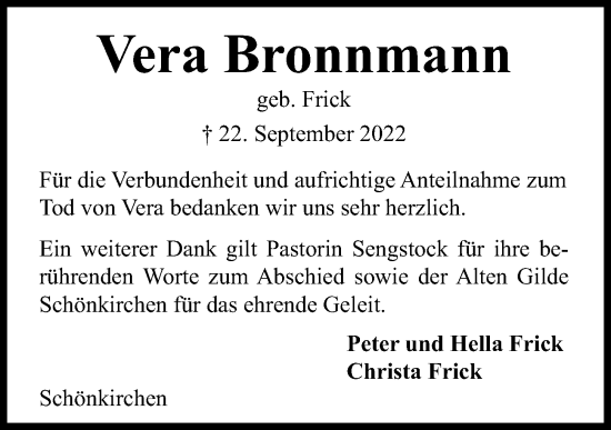 Traueranzeige von Vera Bronnmann von Kieler Nachrichten