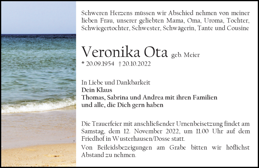  Traueranzeige für Veronika Ota vom 29.10.2022 aus Märkischen Allgemeine Zeitung