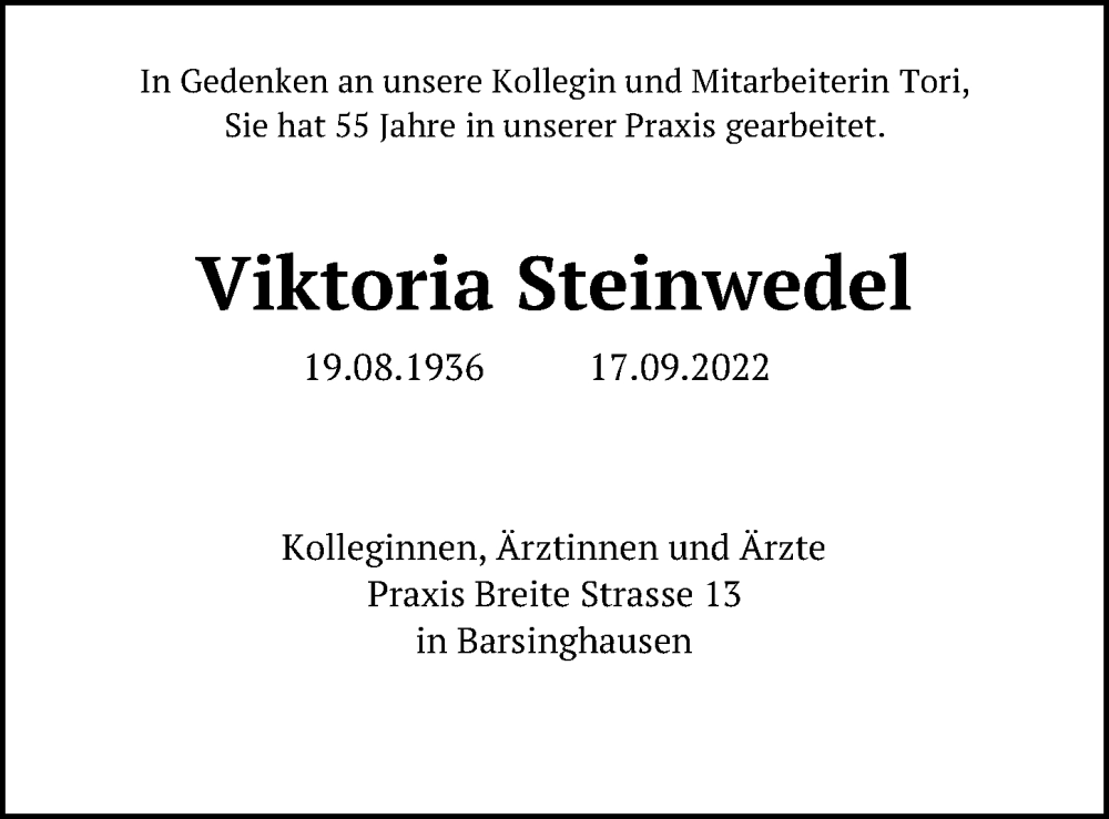  Traueranzeige für Viktoria Steinwedel vom 01.10.2022 aus Hannoversche Allgemeine Zeitung/Neue Presse
