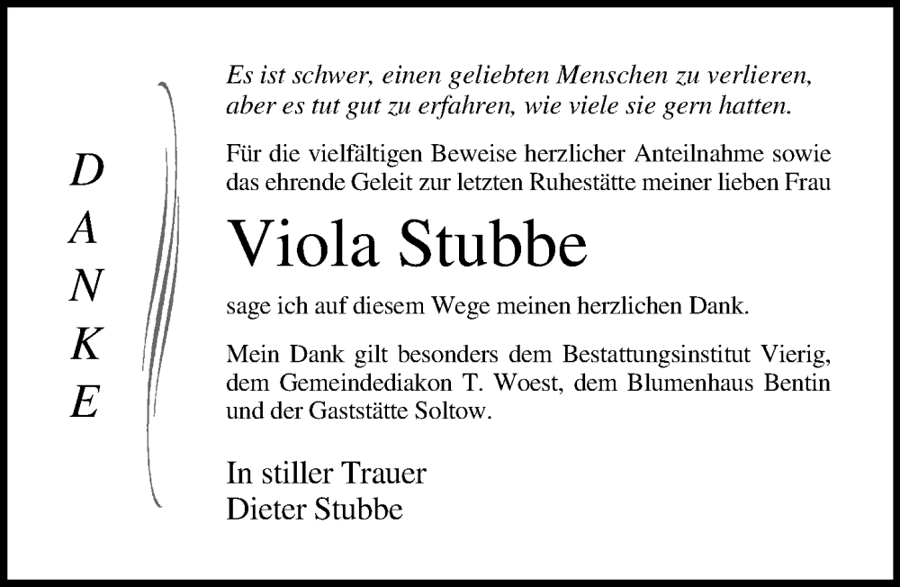  Traueranzeige für Viola Stubbe vom 22.10.2022 aus Ostsee-Zeitung GmbH