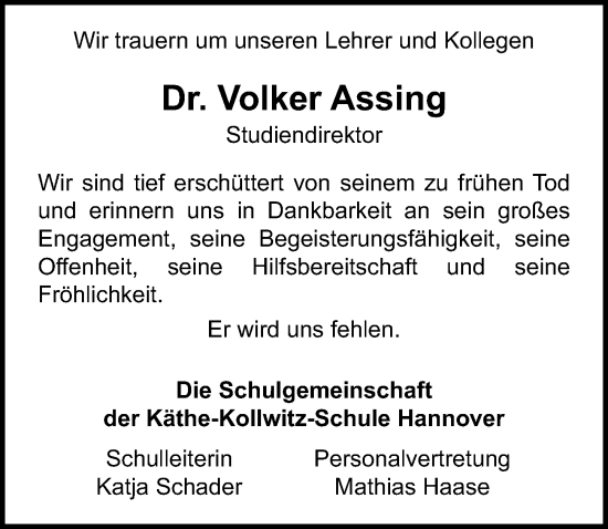 Traueranzeige von Volker Assing von Hannoversche Allgemeine Zeitung/Neue Presse