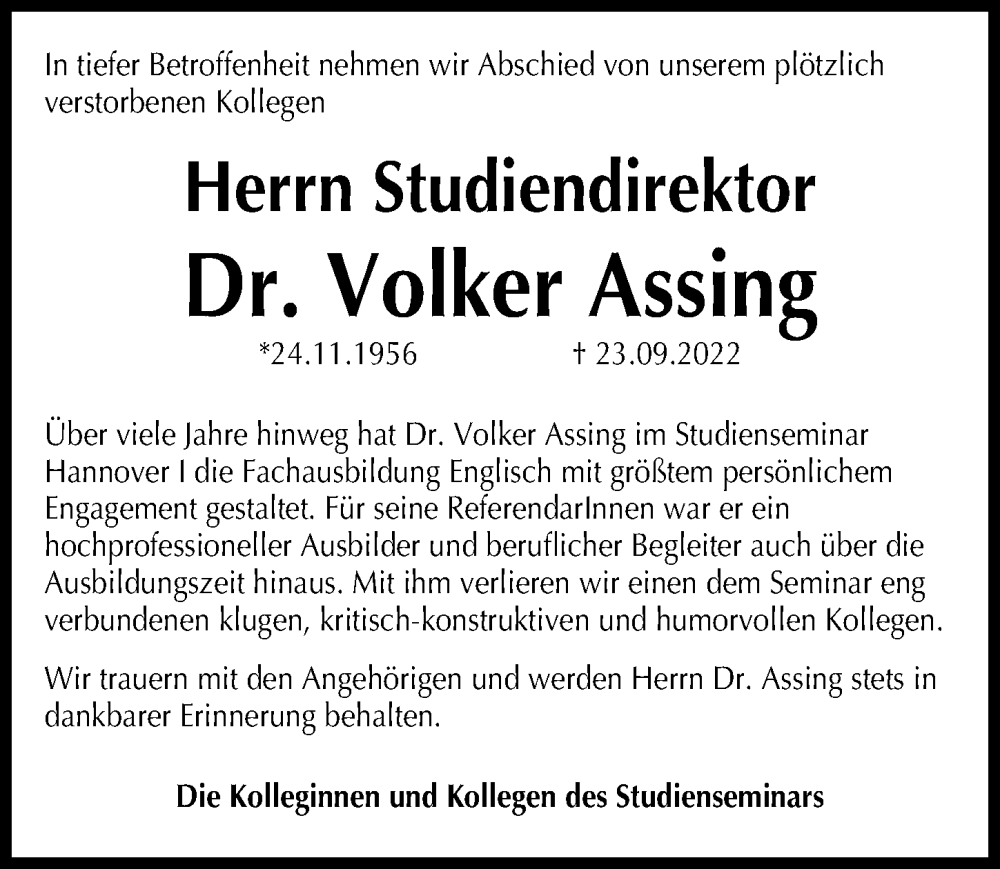  Traueranzeige für Volker Assing vom 01.10.2022 aus Hannoversche Allgemeine Zeitung/Neue Presse