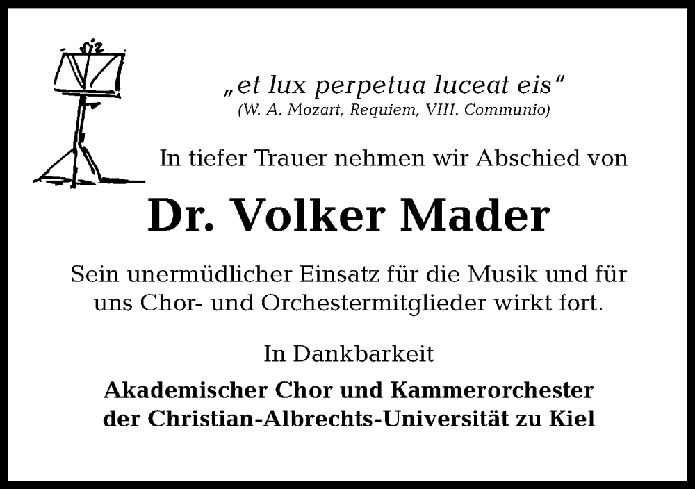  Traueranzeige für Volker Mader vom 08.10.2022 aus Kieler Nachrichten