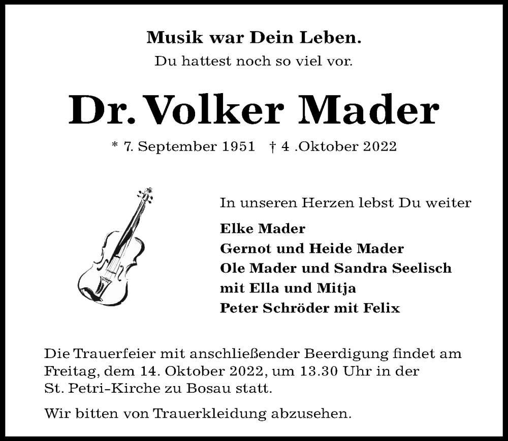  Traueranzeige für Volker Mader vom 08.10.2022 aus Kieler Nachrichten
