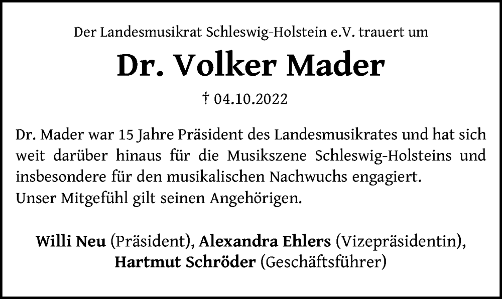  Traueranzeige für Volker Mader vom 11.10.2022 aus Kieler Nachrichten