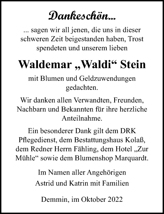 Traueranzeige von Waldemar Stein von Ostsee-Zeitung GmbH