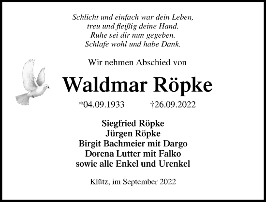 Traueranzeige von Waldmar Röpke von Ostsee-Zeitung GmbH