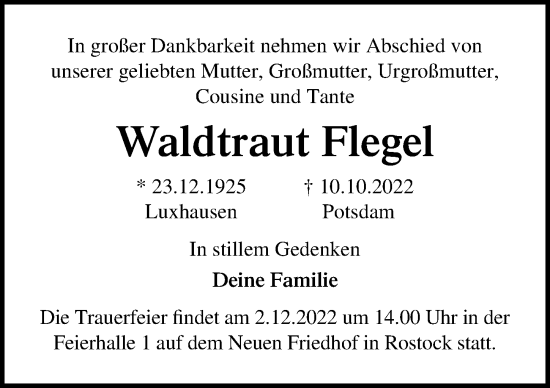 Traueranzeige von Waldtraut Flegel von Ostsee-Zeitung GmbH