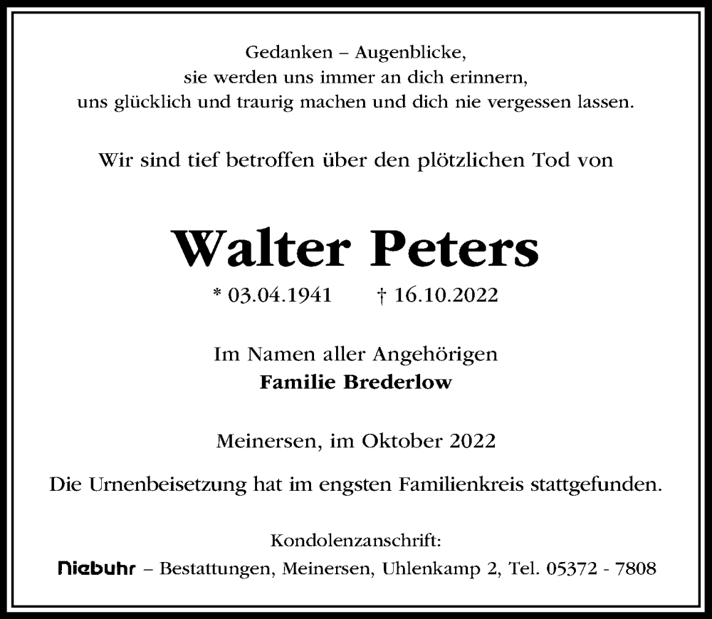  Traueranzeige für Walter Peters vom 29.10.2022 aus Aller Zeitung