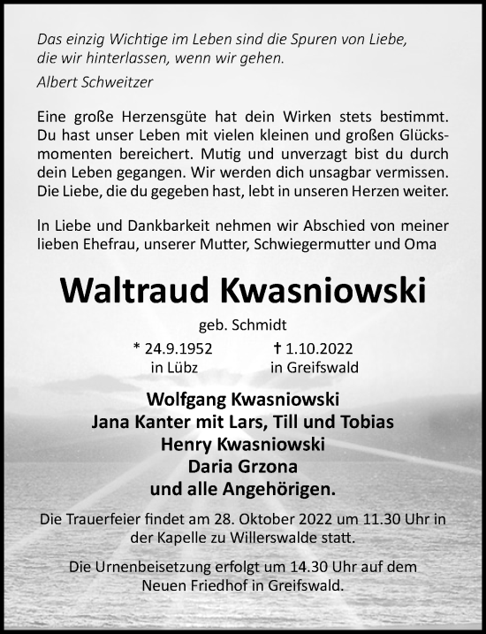 Traueranzeige von Waltraud Kwasniowski von Ostsee-Zeitung GmbH