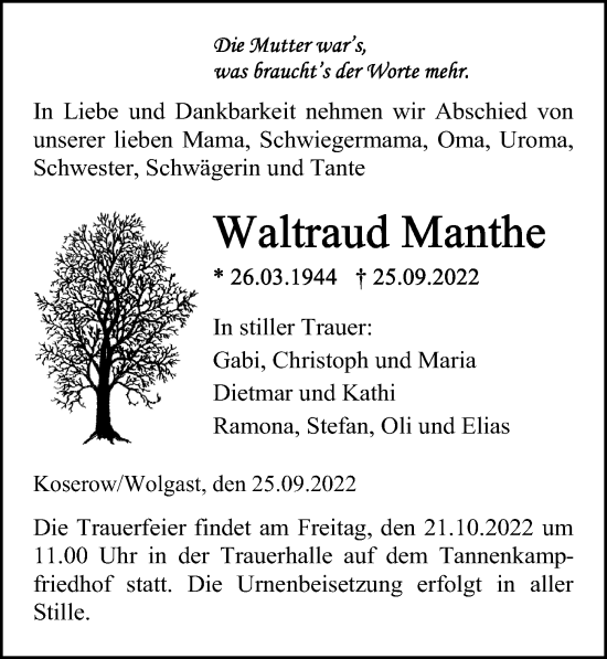 Traueranzeige von Waltraud Manthe von Ostsee-Zeitung GmbH