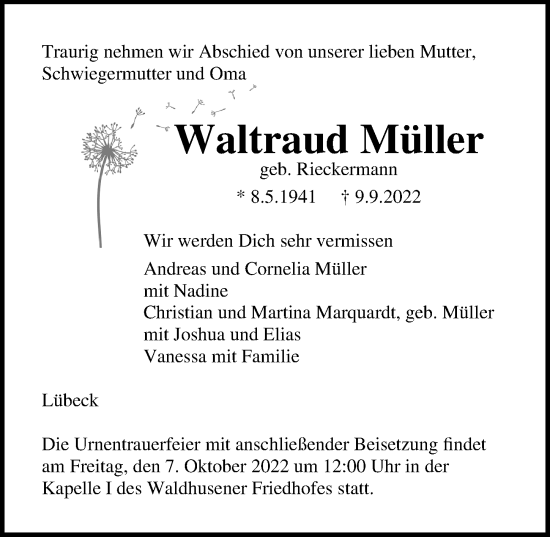 Traueranzeige von Waltraud Müller von Lübecker Nachrichten
