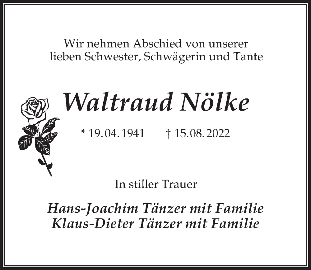  Traueranzeige für Waltraud Nölke vom 01.10.2022 aus Märkischen Allgemeine Zeitung
