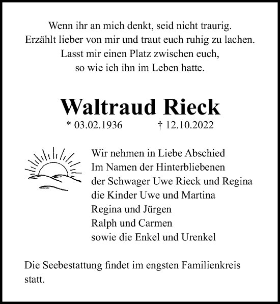 Traueranzeige von Waltraud Rieck von Ostsee-Zeitung GmbH