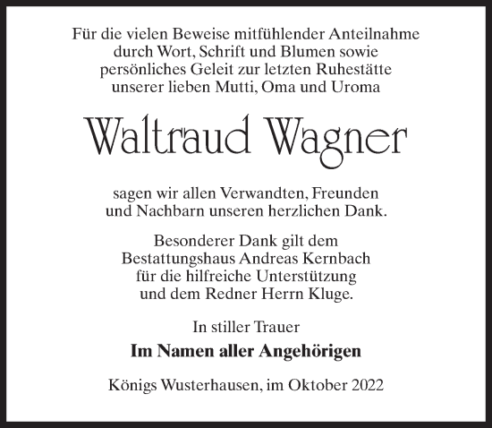 Traueranzeige von Waltraud Wagner von Märkischen Allgemeine Zeitung