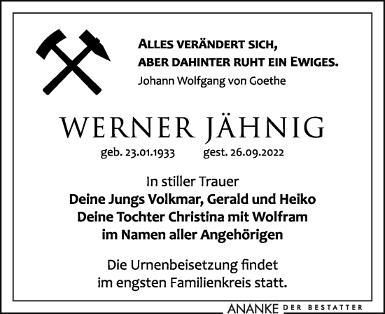Traueranzeige von Werner Jähnig von Leipziger Volkszeitung