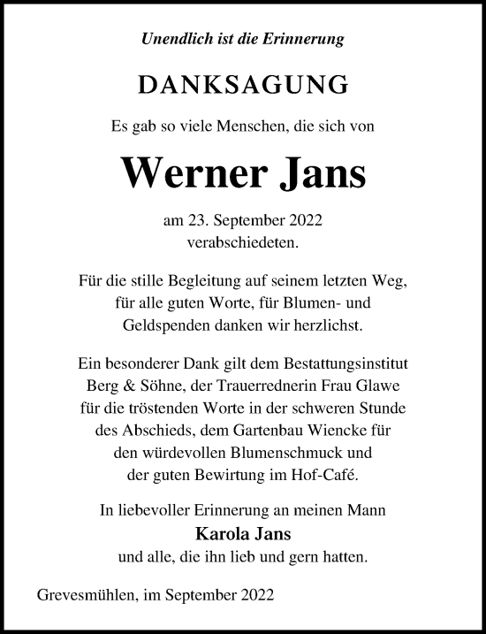 Traueranzeige von Werner Jans von Ostsee-Zeitung GmbH