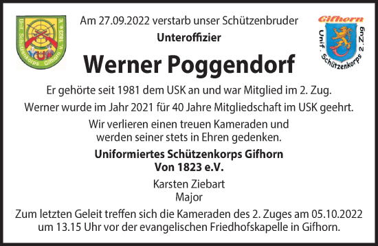 Traueranzeige von Werner Poggendorf von Aller Zeitung