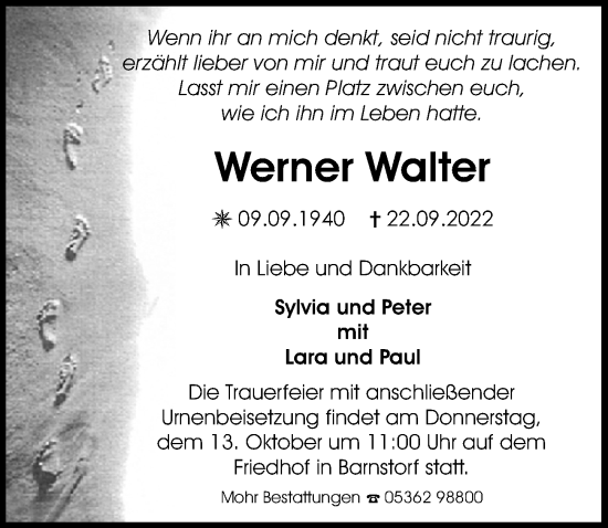 Traueranzeige von Werner Walter von Aller Zeitung