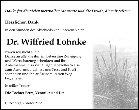 Traueranzeige von Wilfried Lohnke von Ostsee-Zeitung GmbH