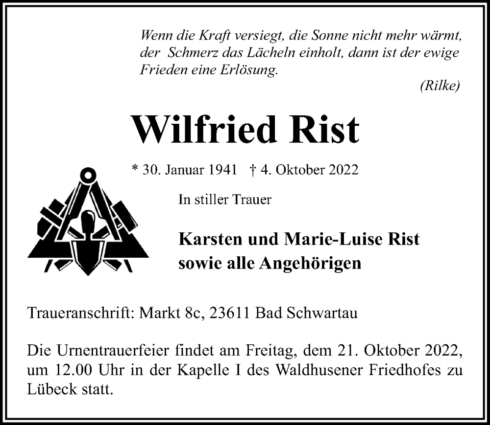  Traueranzeige für Wilfried Rist vom 09.10.2022 aus Lübecker Nachrichten