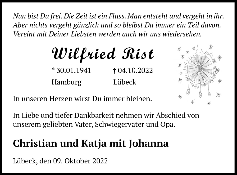  Traueranzeige für Wilfried Rist vom 09.10.2022 aus Lübecker Nachrichten