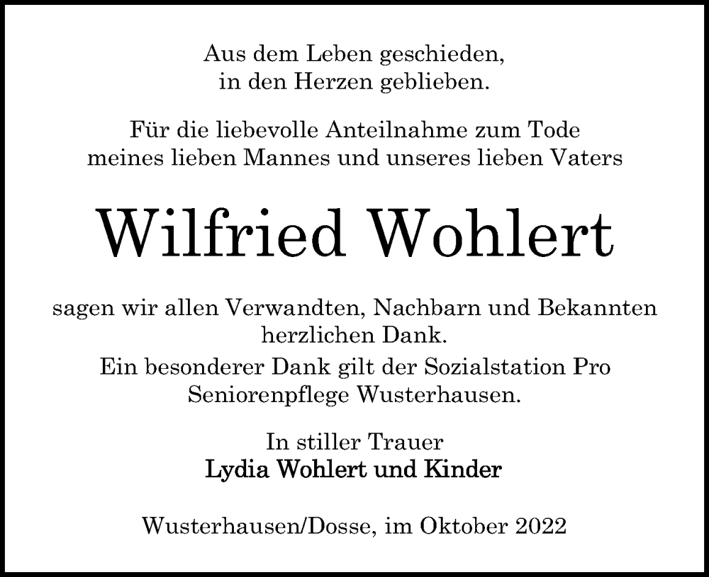  Traueranzeige für Wilfried Wohlert vom 29.10.2022 aus Märkischen Allgemeine Zeitung