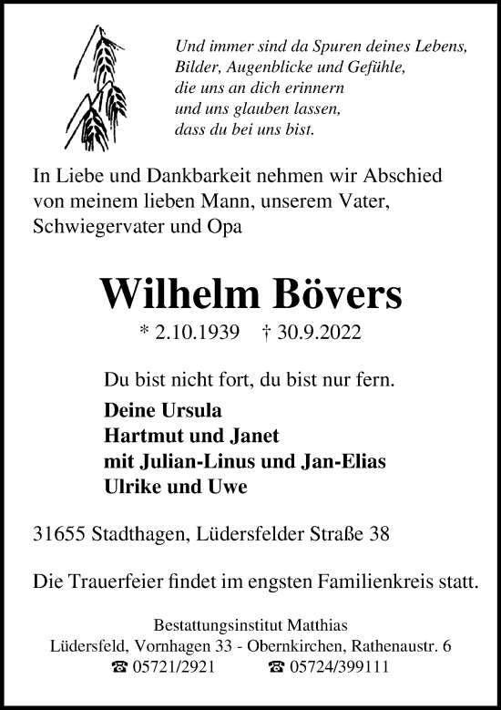 Traueranzeige von Wilhelm Bövers von Schaumburger Nachrichten