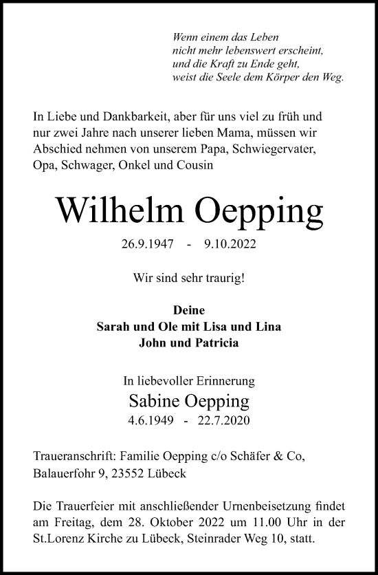 Traueranzeige von Wilhelm Oepping von Lübecker Nachrichten